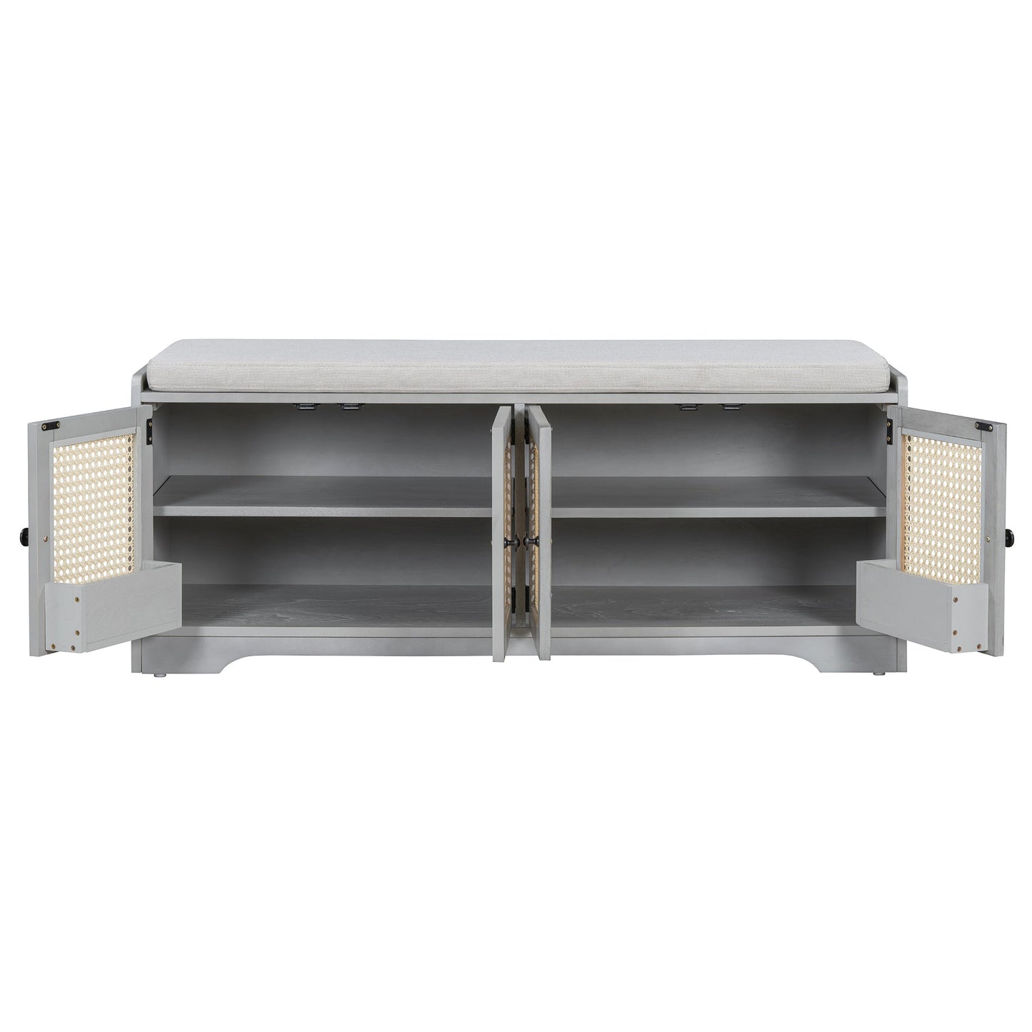 TREXM Rustic Storage Bench Multifunctional Wood Entryway Shoe Bench with Removable Cushion, Woven Rattan Doors & Adjustable Shelves for Hallway, Living Room (Gray Wash+Beige ) - 1st Choice Furniture Direct