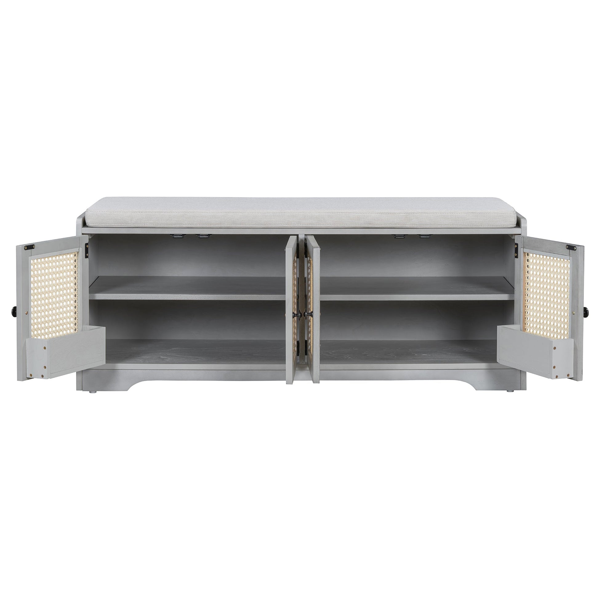 TREXM Rustic Storage Bench Multifunctional Wood Entryway Shoe Bench with Removable Cushion, Woven Rattan Doors & Adjustable Shelves for Hallway, Living Room (Gray Wash+Beige ) - 1st Choice Furniture Direct