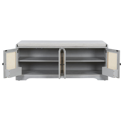 TREXM Rustic Storage Bench Multifunctional Wood Entryway Shoe Bench with Removable Cushion, Woven Rattan Doors & Adjustable Shelves for Hallway, Living Room (Gray Wash+Beige ) - 1st Choice Furniture Direct