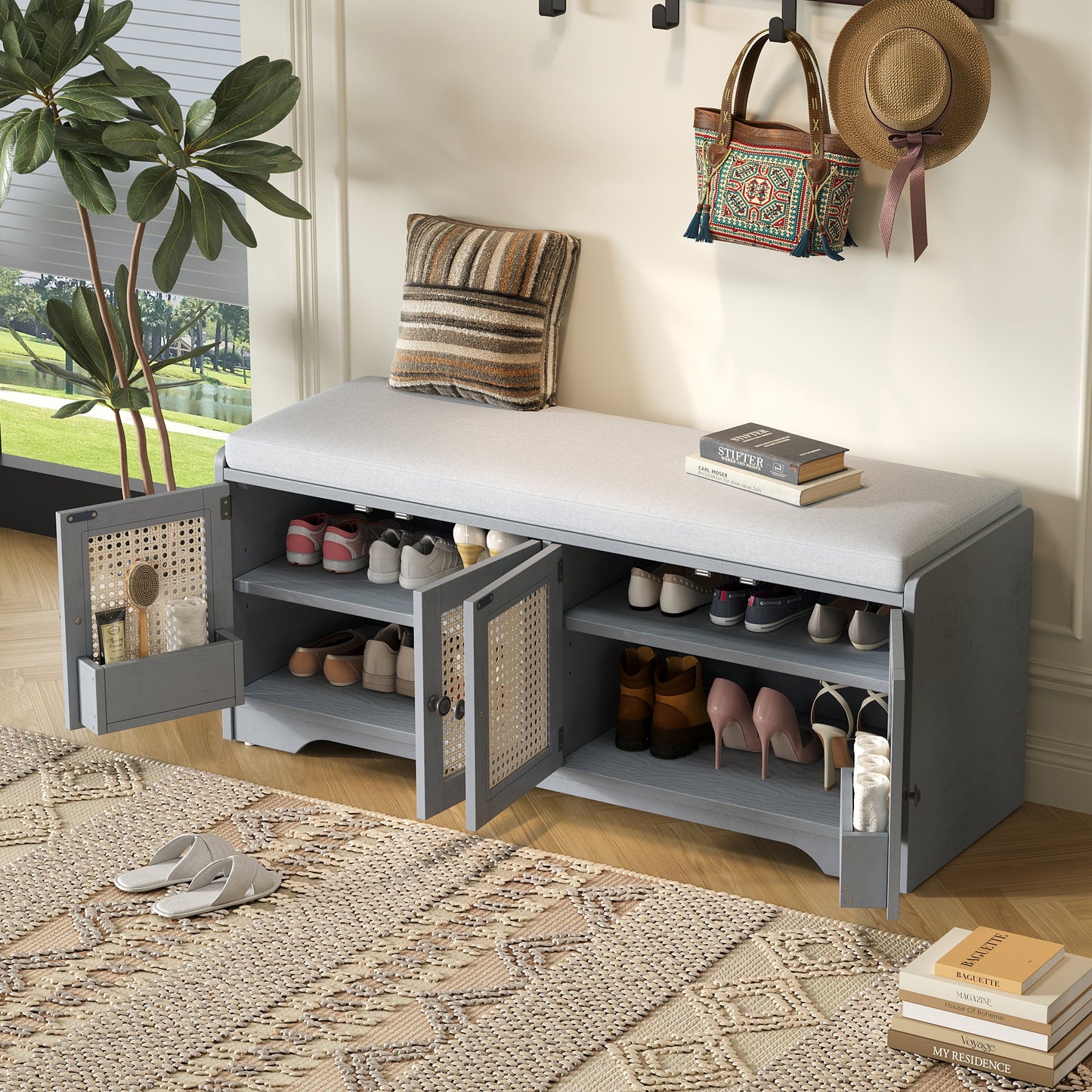 TREXM Rustic Storage Bench Multifunctional Wood Entryway Shoe Bench with Removable Cushion, Woven Rattan Doors & Adjustable Shelves for Hallway, Living Room (Gray Wash+Beige ) - 1st Choice Furniture Direct