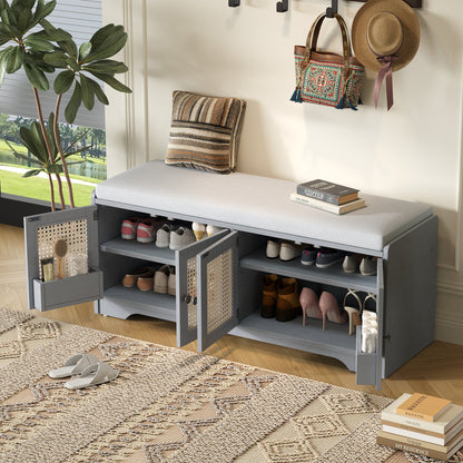 TREXM Rustic Storage Bench Multifunctional Wood Entryway Shoe Bench with Removable Cushion, Woven Rattan Doors & Adjustable Shelves for Hallway, Living Room (Gray Wash+Beige ) - 1st Choice Furniture Direct