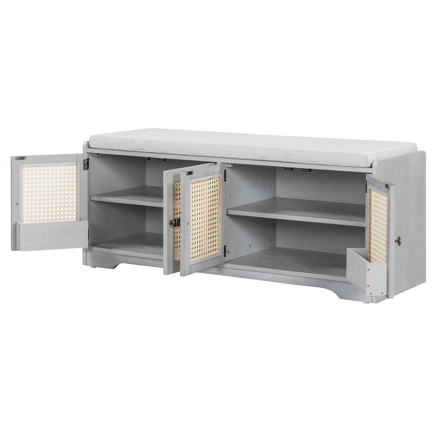 TREXM Rustic Storage Bench Multifunctional Wood Entryway Shoe Bench with Removable Cushion, Woven Rattan Doors & Adjustable Shelves for Hallway, Living Room (Gray Wash+Beige ) - 1st Choice Furniture Direct