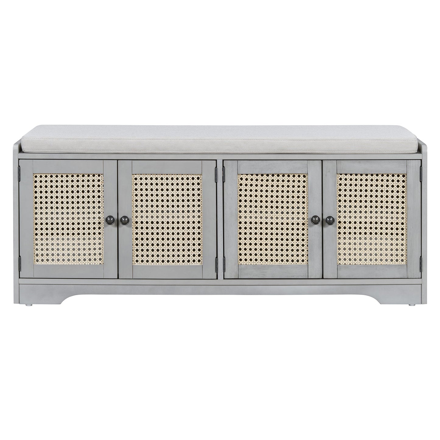 TREXM Rustic Storage Bench Multifunctional Wood Entryway Shoe Bench with Removable Cushion, Woven Rattan Doors & Adjustable Shelves for Hallway, Living Room (Gray Wash+Beige ) - 1st Choice Furniture Direct