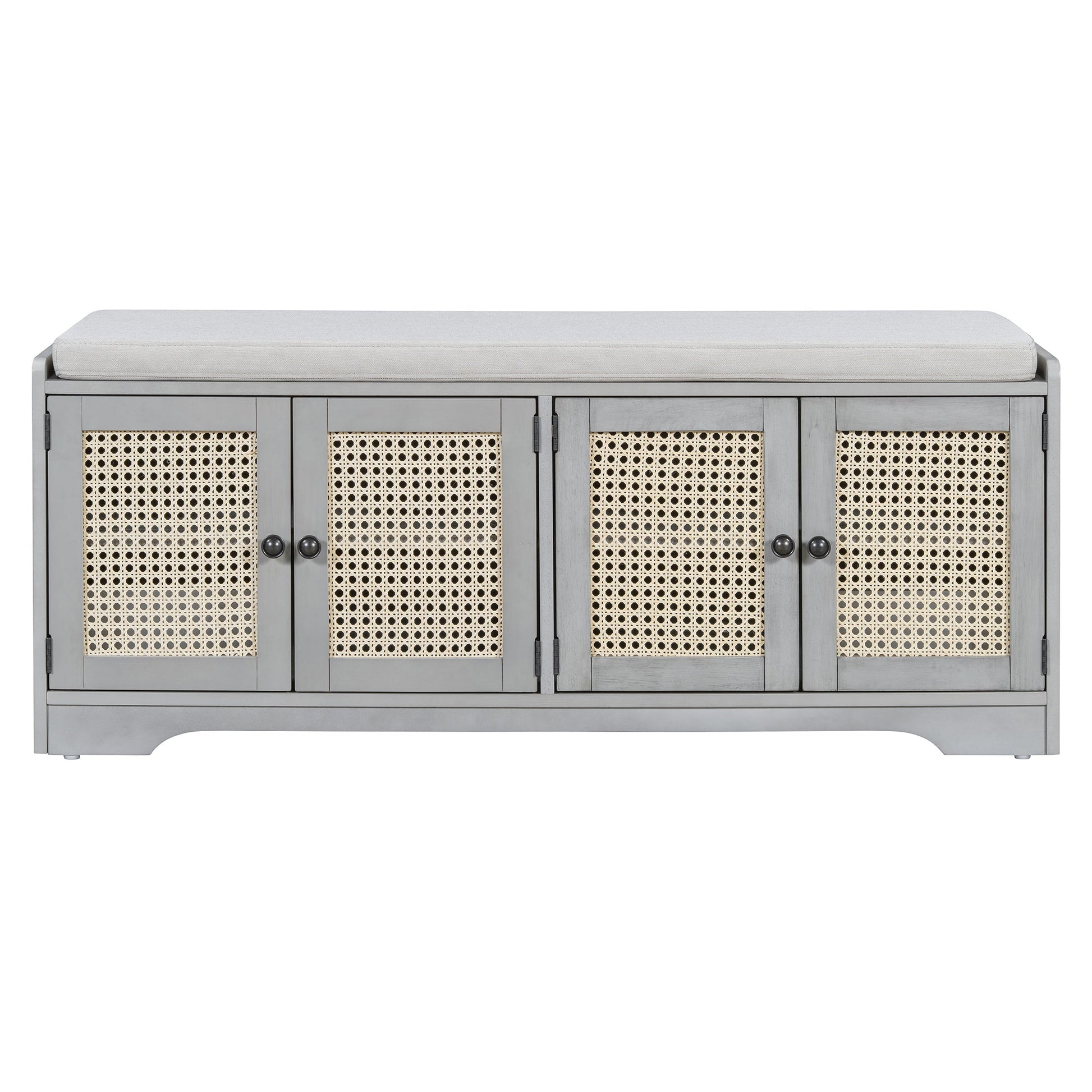 TREXM Rustic Storage Bench Multifunctional Wood Entryway Shoe Bench with Removable Cushion, Woven Rattan Doors & Adjustable Shelves for Hallway, Living Room (Gray Wash+Beige ) - 1st Choice Furniture Direct