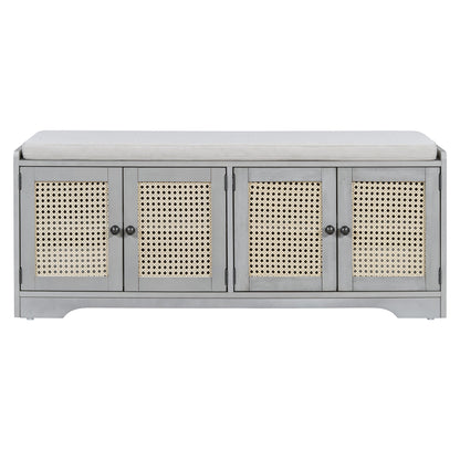 TREXM Rustic Storage Bench Multifunctional Wood Entryway Shoe Bench with Removable Cushion, Woven Rattan Doors & Adjustable Shelves for Hallway, Living Room (Gray Wash+Beige ) - 1st Choice Furniture Direct