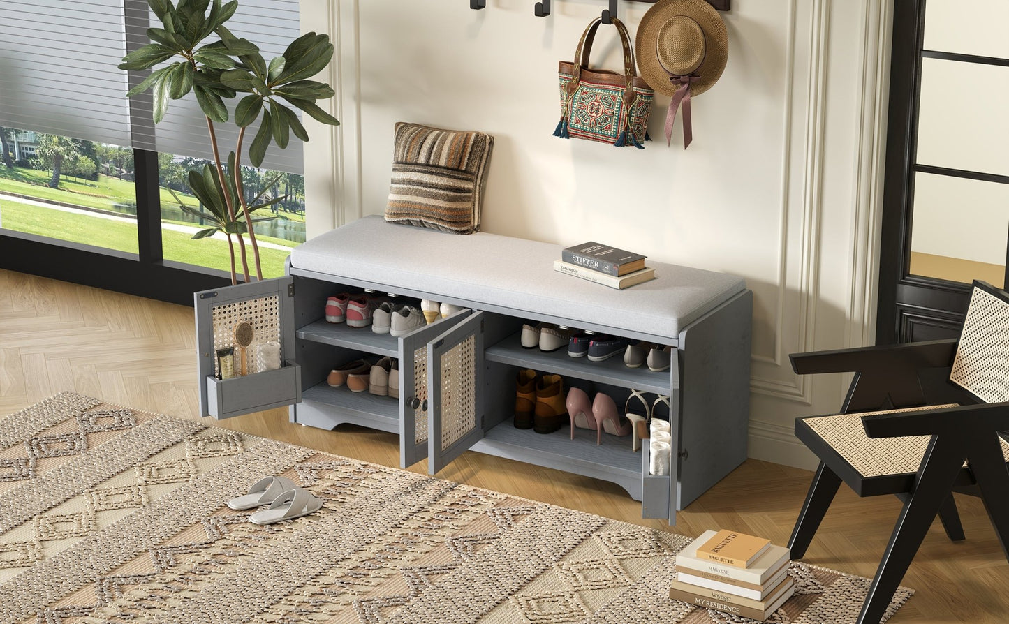 TREXM Rustic Storage Bench Multifunctional Wood Entryway Shoe Bench with Removable Cushion, Woven Rattan Doors & Adjustable Shelves for Hallway, Living Room (Gray Wash+Beige ) - 1st Choice Furniture Direct
