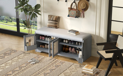 TREXM Rustic Storage Bench Multifunctional Wood Entryway Shoe Bench with Removable Cushion, Woven Rattan Doors & Adjustable Shelves for Hallway, Living Room (Gray Wash+Beige ) - 1st Choice Furniture Direct