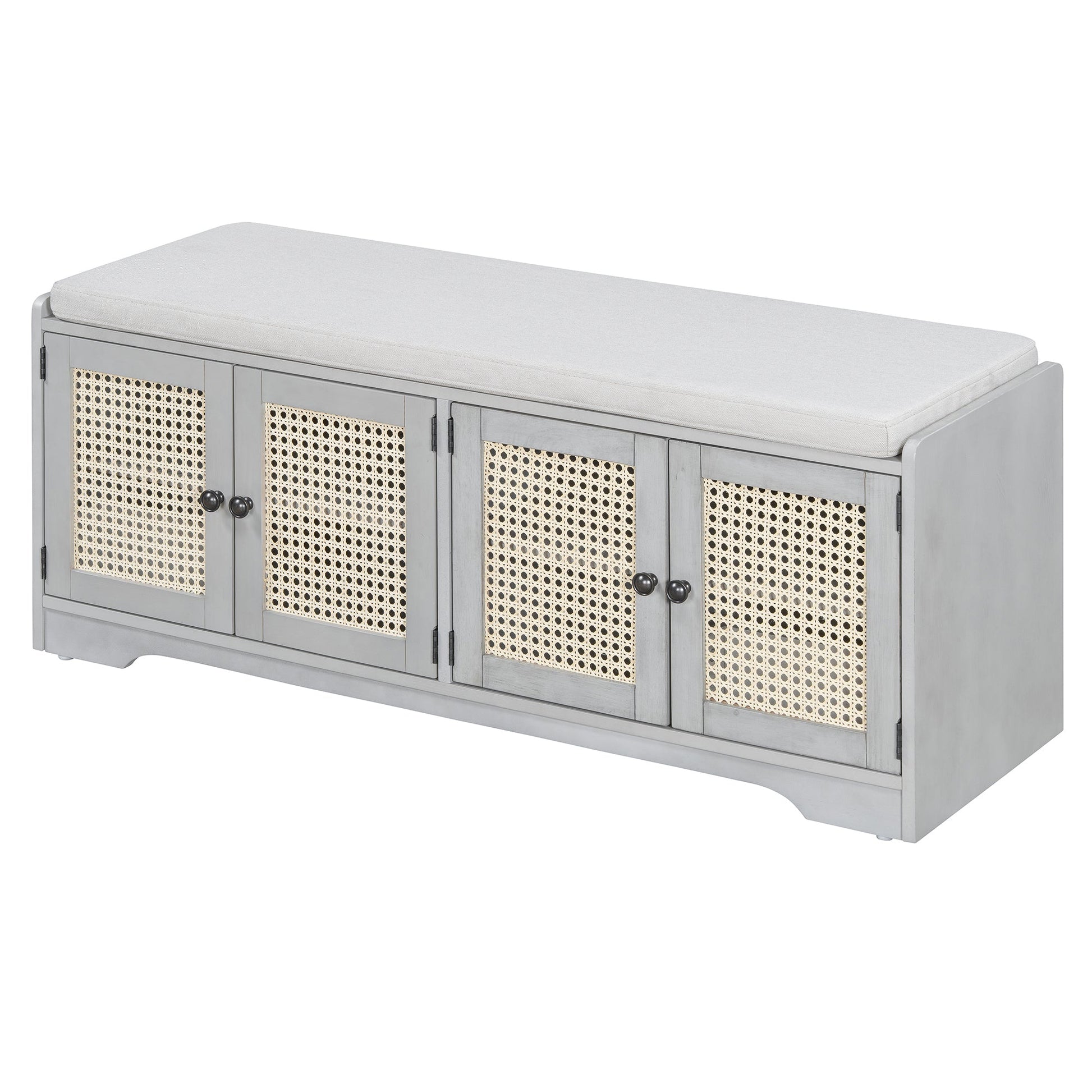 TREXM Rustic Storage Bench Multifunctional Wood Entryway Shoe Bench with Removable Cushion, Woven Rattan Doors & Adjustable Shelves for Hallway, Living Room (Gray Wash+Beige ) - 1st Choice Furniture Direct