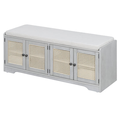 TREXM Rustic Storage Bench Multifunctional Wood Entryway Shoe Bench with Removable Cushion, Woven Rattan Doors & Adjustable Shelves for Hallway, Living Room (Gray Wash+Beige ) - 1st Choice Furniture Direct