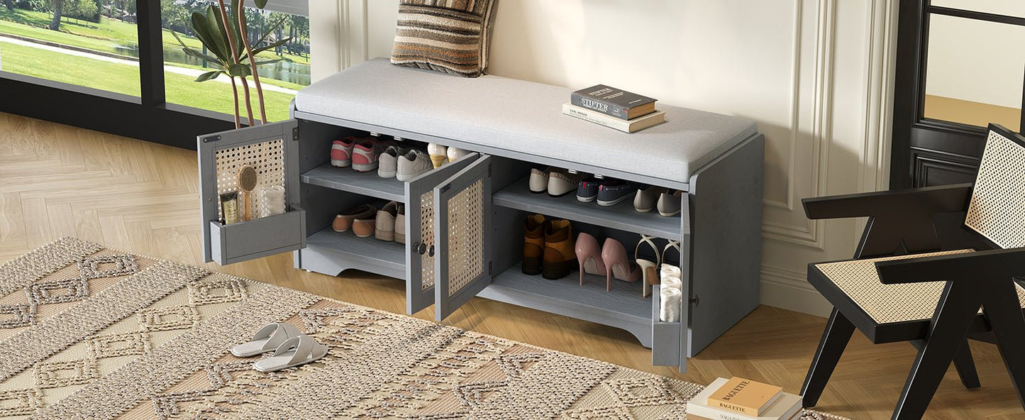 TREXM Rustic Storage Bench Multifunctional Wood Entryway Shoe Bench with Removable Cushion, Woven Rattan Doors & Adjustable Shelves for Hallway, Living Room (Gray Wash+Beige ) - 1st Choice Furniture Direct