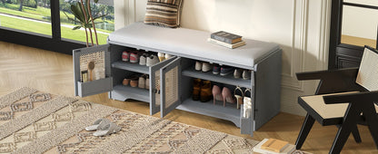 TREXM Rustic Storage Bench Multifunctional Wood Entryway Shoe Bench with Removable Cushion, Woven Rattan Doors & Adjustable Shelves for Hallway, Living Room (Gray Wash+Beige ) - 1st Choice Furniture Direct