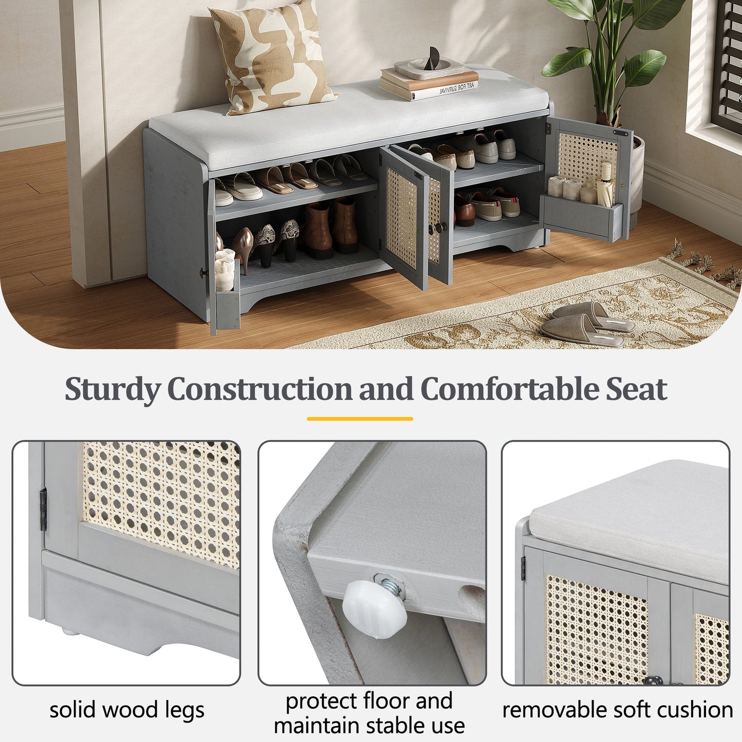 TREXM Rustic Storage Bench Multifunctional Wood Entryway Shoe Bench with Removable Cushion, Woven Rattan Doors & Adjustable Shelves for Hallway, Living Room (Gray Wash+Beige ) - 1st Choice Furniture Direct