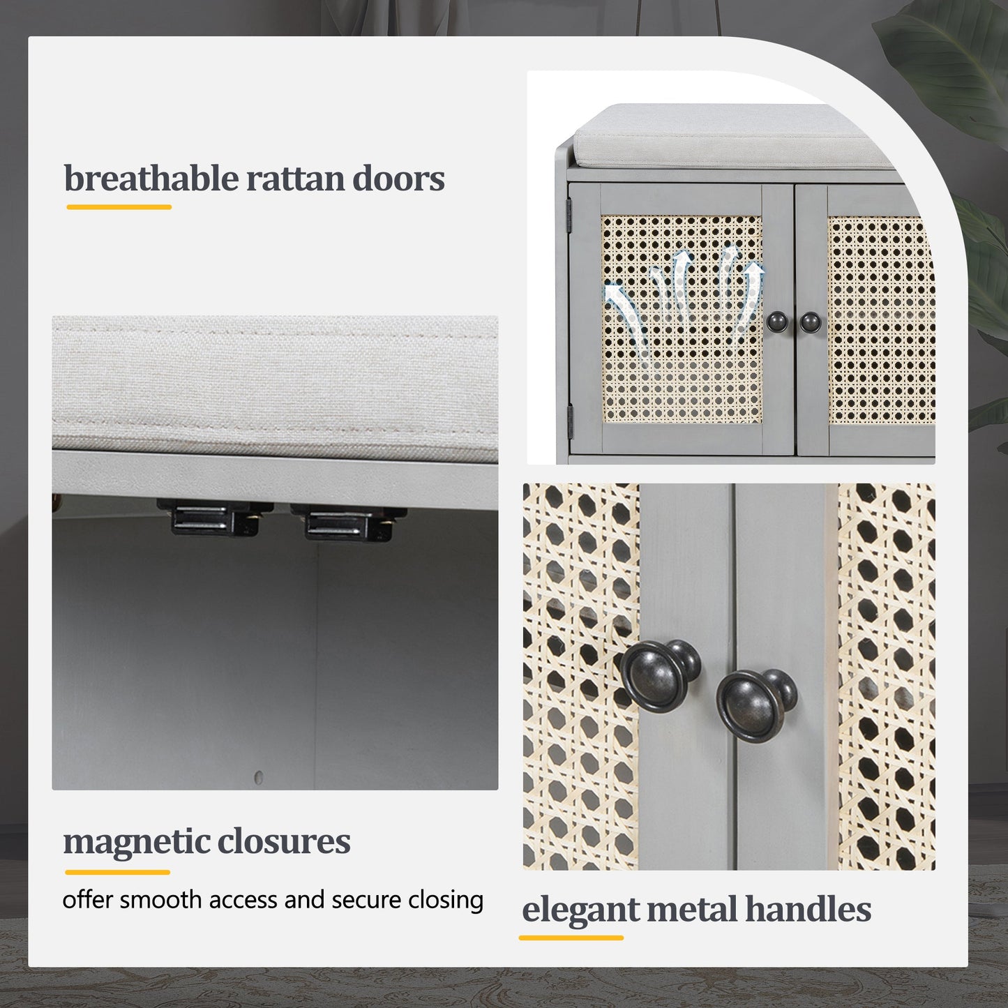 TREXM Rustic Storage Bench Multifunctional Wood Entryway Shoe Bench with Removable Cushion, Woven Rattan Doors & Adjustable Shelves for Hallway, Living Room (Gray Wash+Beige ) - 1st Choice Furniture Direct