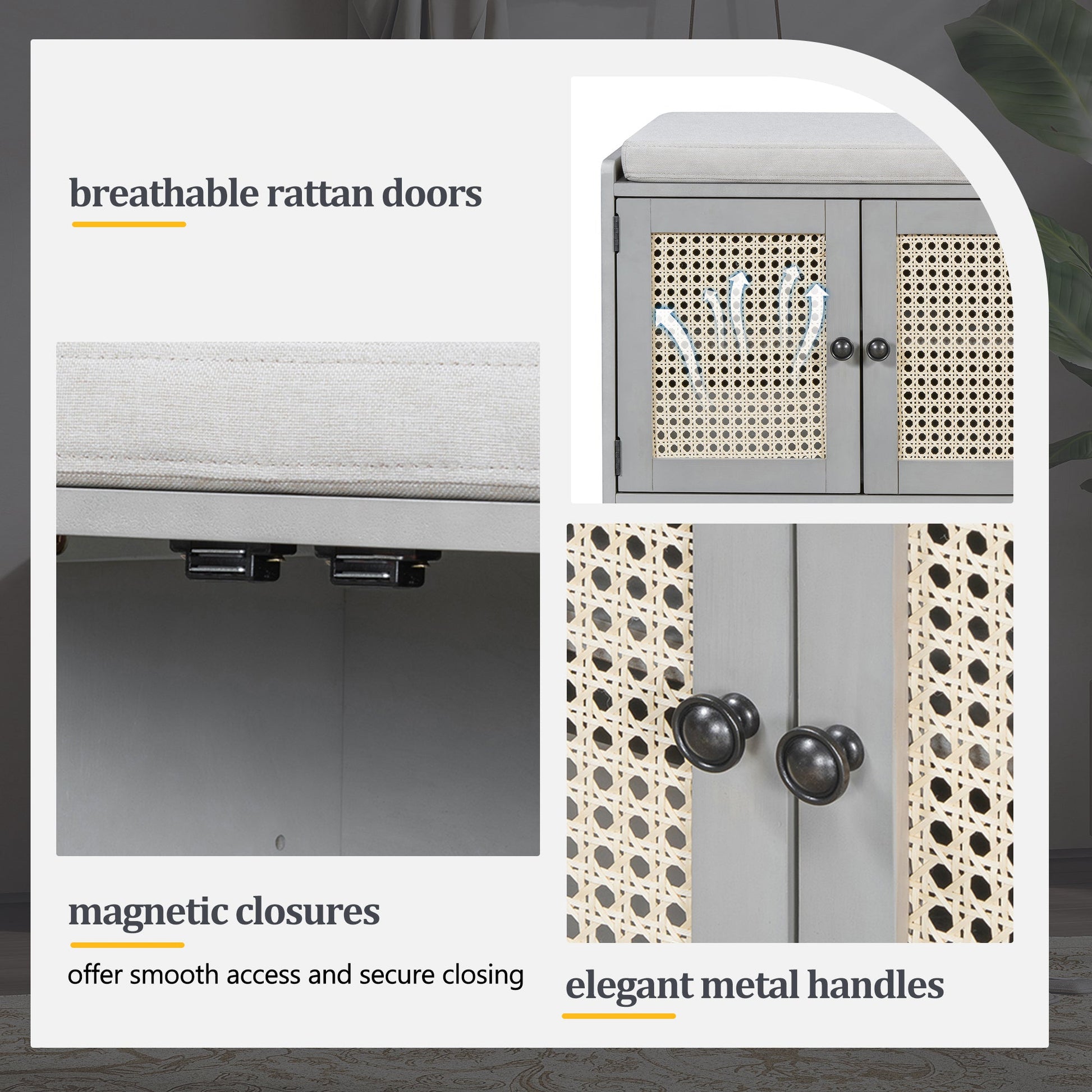 TREXM Rustic Storage Bench Multifunctional Wood Entryway Shoe Bench with Removable Cushion, Woven Rattan Doors & Adjustable Shelves for Hallway, Living Room (Gray Wash+Beige ) - 1st Choice Furniture Direct