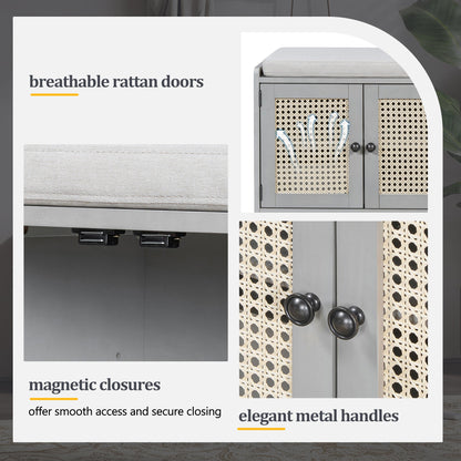 TREXM Rustic Storage Bench Multifunctional Wood Entryway Shoe Bench with Removable Cushion, Woven Rattan Doors & Adjustable Shelves for Hallway, Living Room (Gray Wash+Beige ) - 1st Choice Furniture Direct