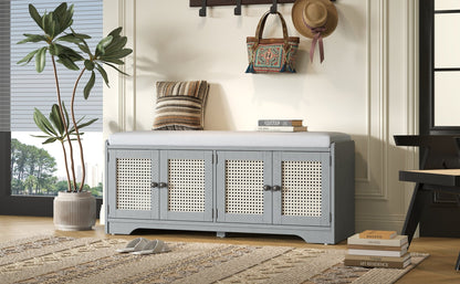 TREXM Rustic Storage Bench Multifunctional Wood Entryway Shoe Bench with Removable Cushion, Woven Rattan Doors & Adjustable Shelves for Hallway, Living Room (Gray Wash+Beige ) - 1st Choice Furniture Direct