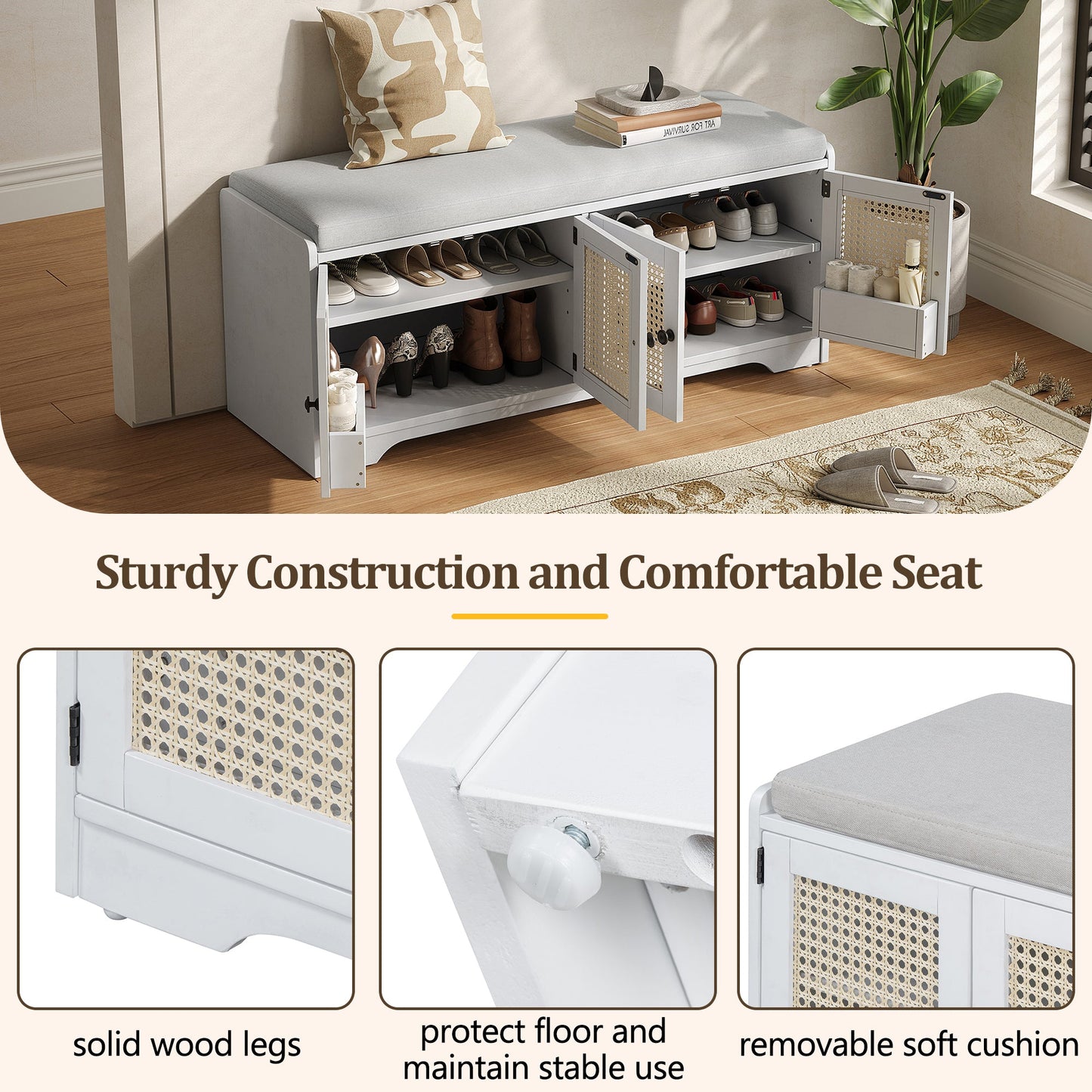 TREXM Rustic Storage Bench Multifunctional Wood Entryway Shoe Bench with Removable Cushion, Woven Rattan Doors & Adjustable Shelves for Hallway, Living Room (White+Beige ) - 1st Choice Furniture Direct