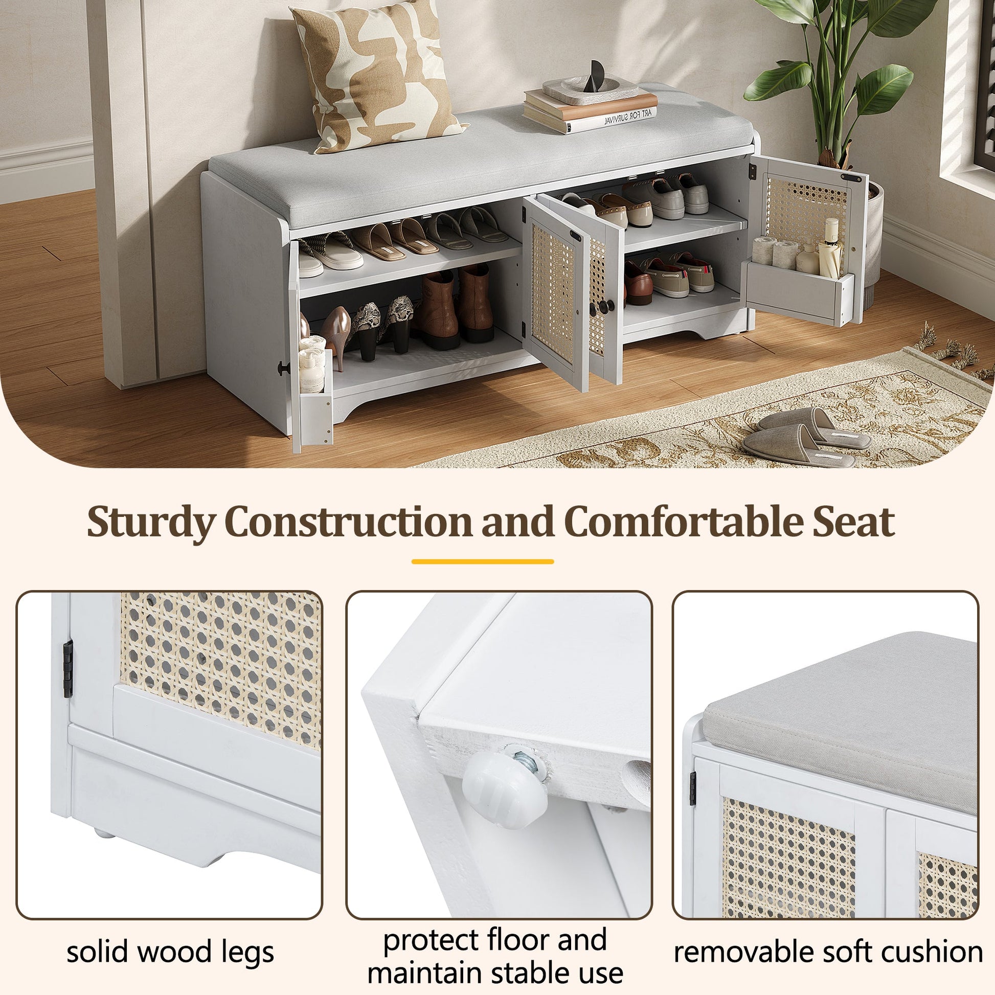 TREXM Rustic Storage Bench Multifunctional Wood Entryway Shoe Bench with Removable Cushion, Woven Rattan Doors & Adjustable Shelves for Hallway, Living Room (White+Beige ) - 1st Choice Furniture Direct