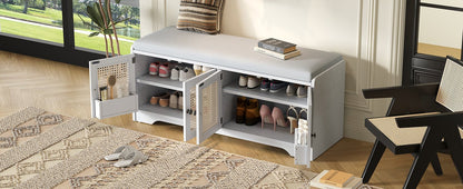 TREXM Rustic Storage Bench Multifunctional Wood Entryway Shoe Bench with Removable Cushion, Woven Rattan Doors & Adjustable Shelves for Hallway, Living Room (White+Beige ) - 1st Choice Furniture Direct