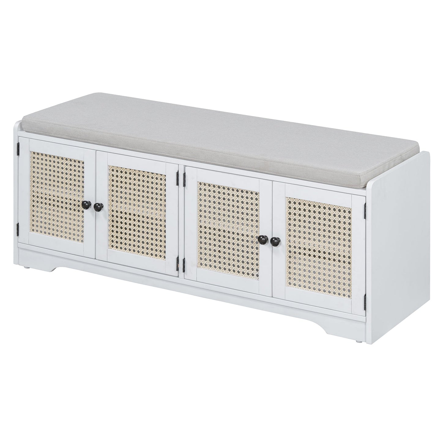 TREXM Rustic Storage Bench Multifunctional Wood Entryway Shoe Bench with Removable Cushion, Woven Rattan Doors & Adjustable Shelves for Hallway, Living Room (White+Beige ) - 1st Choice Furniture Direct