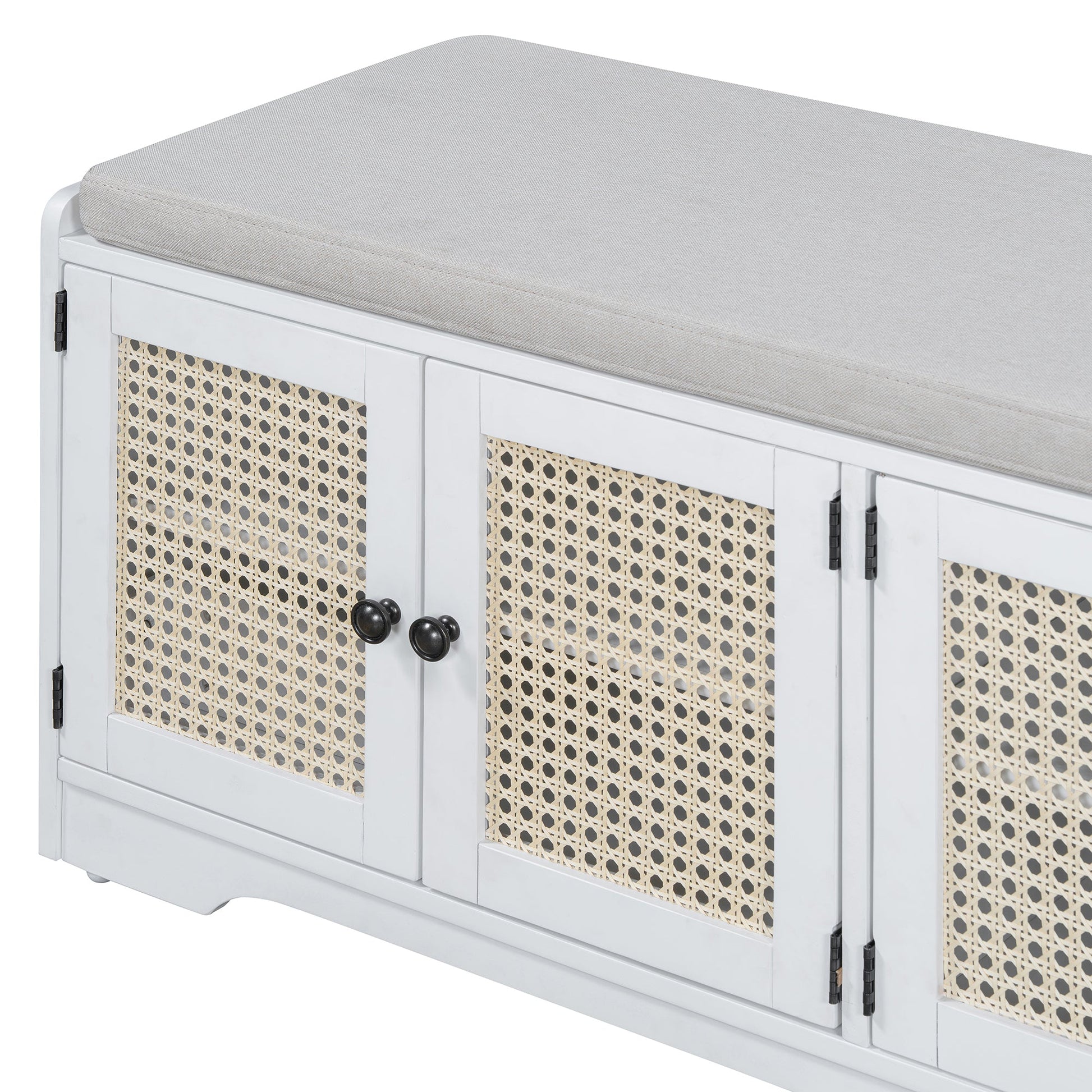 TREXM Rustic Storage Bench Multifunctional Wood Entryway Shoe Bench with Removable Cushion, Woven Rattan Doors & Adjustable Shelves for Hallway, Living Room (White+Beige ) - 1st Choice Furniture Direct