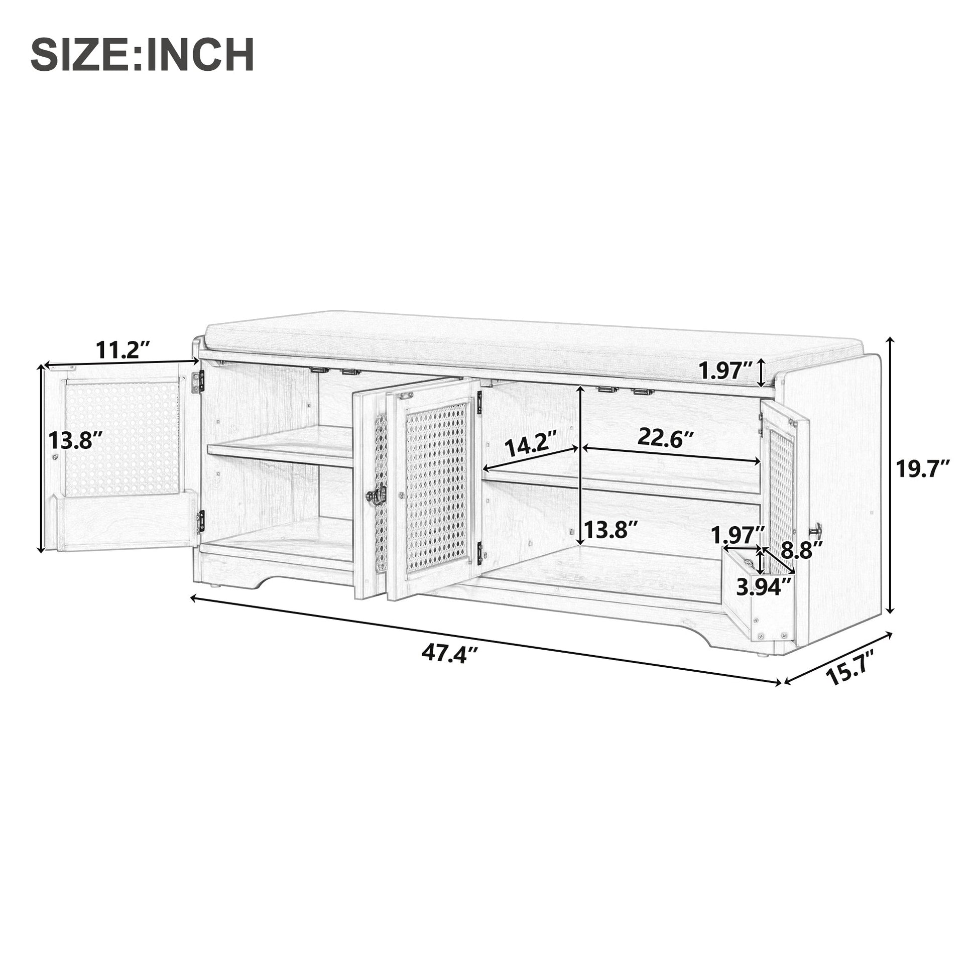 TREXM Rustic Storage Bench Multifunctional Wood Entryway Shoe Bench with Removable Cushion, Woven Rattan Doors & Adjustable Shelves for Hallway, Living Room (White+Beige ) - 1st Choice Furniture Direct
