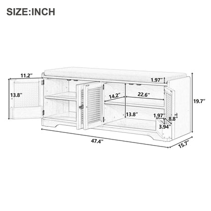 TREXM Rustic Storage Bench Multifunctional Wood Entryway Shoe Bench with Removable Cushion, Woven Rattan Doors & Adjustable Shelves for Hallway, Living Room (White+Beige ) - 1st Choice Furniture Direct