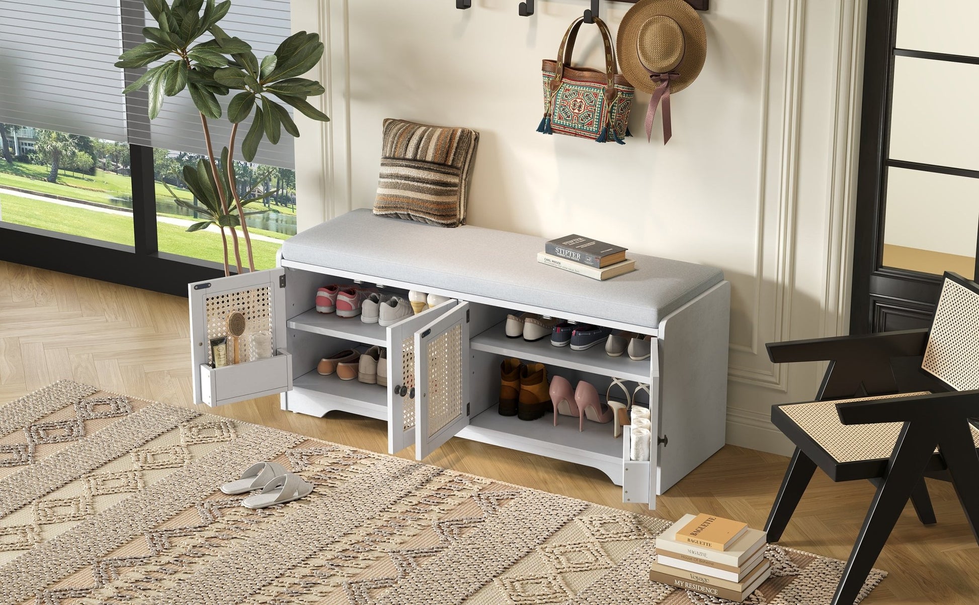 TREXM Rustic Storage Bench Multifunctional Wood Entryway Shoe Bench with Removable Cushion, Woven Rattan Doors & Adjustable Shelves for Hallway, Living Room (White+Beige ) - 1st Choice Furniture Direct