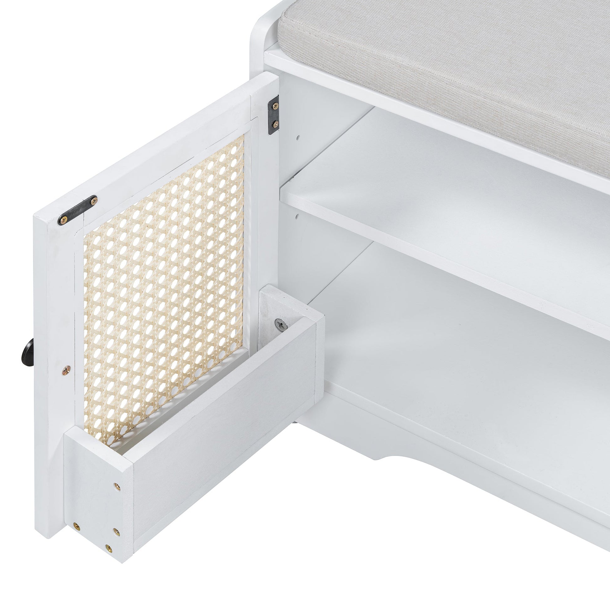 TREXM Rustic Storage Bench Multifunctional Wood Entryway Shoe Bench with Removable Cushion, Woven Rattan Doors & Adjustable Shelves for Hallway, Living Room (White+Beige ) - 1st Choice Furniture Direct