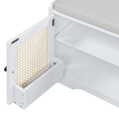 TREXM Rustic Storage Bench Multifunctional Wood Entryway Shoe Bench with Removable Cushion, Woven Rattan Doors & Adjustable Shelves for Hallway, Living Room (White+Beige ) - 1st Choice Furniture Direct