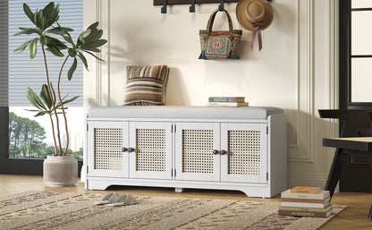 TREXM Rustic Storage Bench Multifunctional Wood Entryway Shoe Bench with Removable Cushion, Woven Rattan Doors & Adjustable Shelves for Hallway, Living Room (White+Beige ) - 1st Choice Furniture Direct