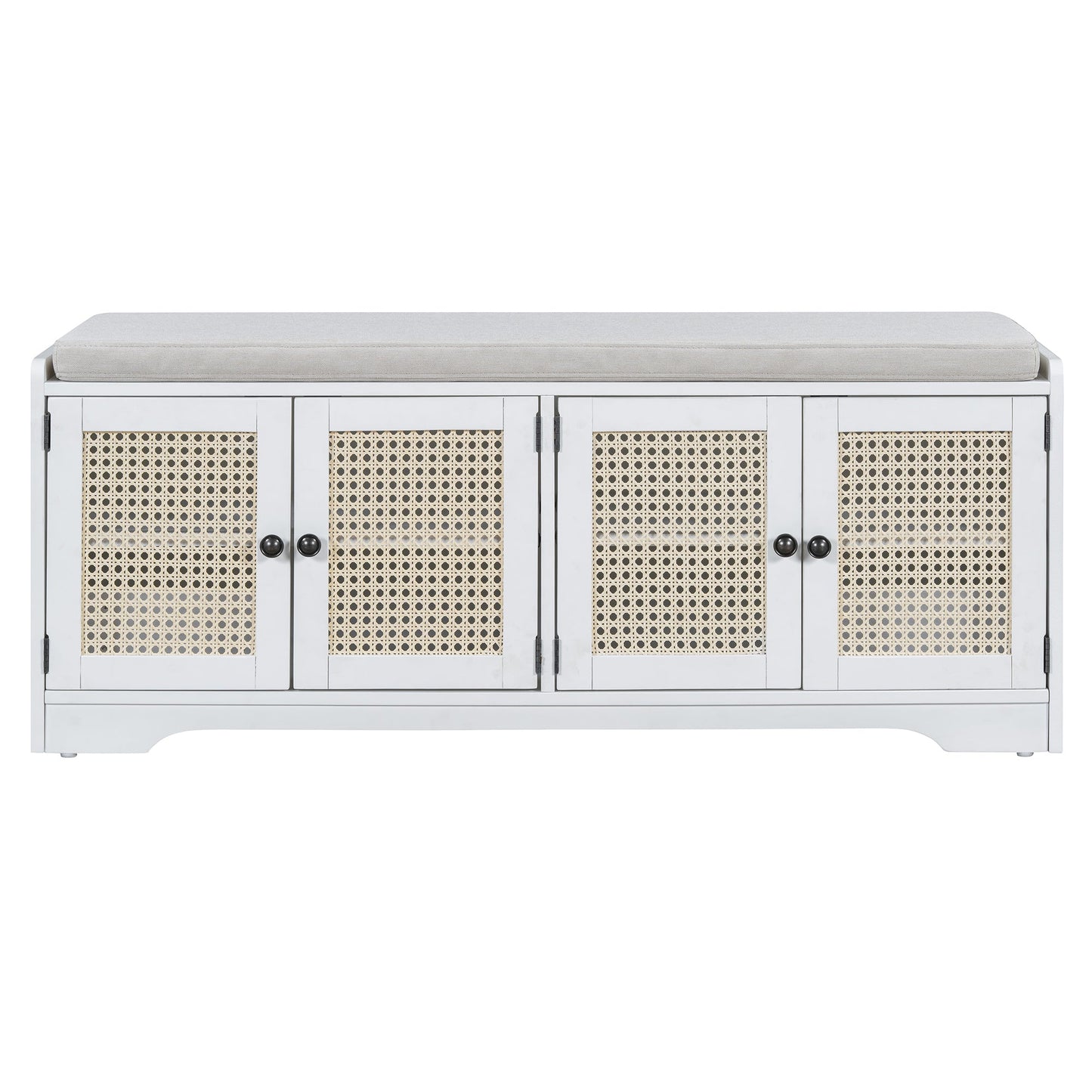 TREXM Rustic Storage Bench Multifunctional Wood Entryway Shoe Bench with Removable Cushion, Woven Rattan Doors & Adjustable Shelves for Hallway, Living Room (White+Beige ) - 1st Choice Furniture Direct