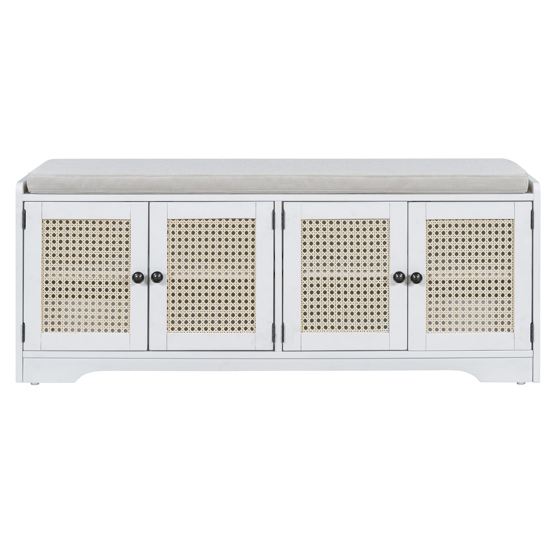 TREXM Rustic Storage Bench Multifunctional Wood Entryway Shoe Bench with Removable Cushion, Woven Rattan Doors & Adjustable Shelves for Hallway, Living Room (White+Beige ) - 1st Choice Furniture Direct