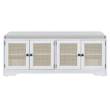 TREXM Rustic Storage Bench Multifunctional Wood Entryway Shoe Bench with Removable Cushion, Woven Rattan Doors & Adjustable Shelves for Hallway, Living Room (White+Beige ) - 1st Choice Furniture Direct