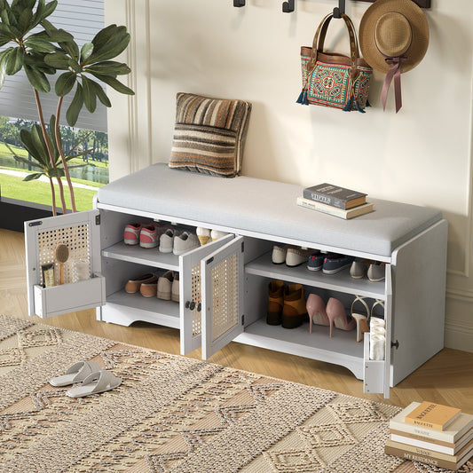 TREXM Rustic Storage Bench Multifunctional Wood Entryway Shoe Bench with Removable Cushion, Woven Rattan Doors & Adjustable Shelves for Hallway, Living Room (White+Beige ) - 1st Choice Furniture Direct