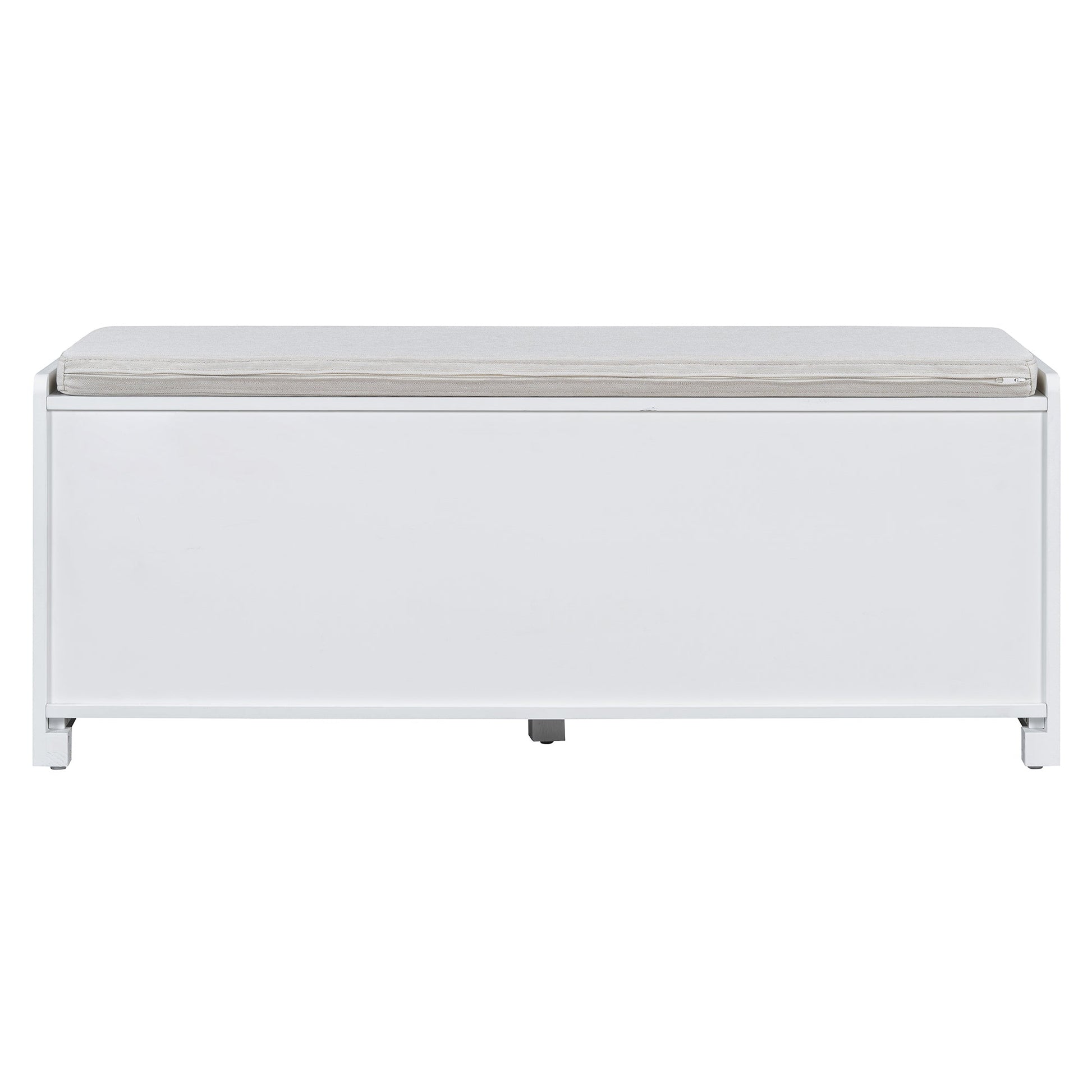 TREXM Rustic Storage Bench Multifunctional Wood Entryway Shoe Bench with Removable Cushion, Woven Rattan Doors & Adjustable Shelves for Hallway, Living Room (White+Beige ) - 1st Choice Furniture Direct