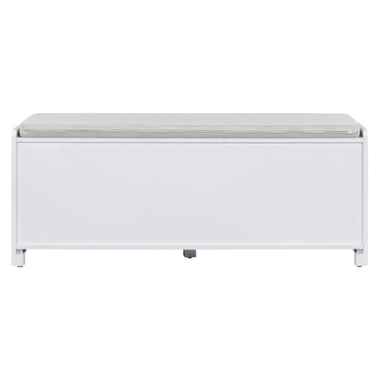 TREXM Rustic Storage Bench Multifunctional Wood Entryway Shoe Bench with Removable Cushion, Woven Rattan Doors & Adjustable Shelves for Hallway, Living Room (White+Beige ) - 1st Choice Furniture Direct