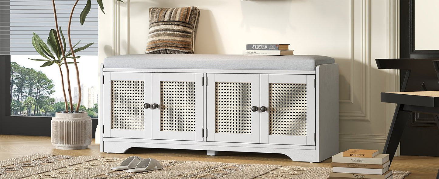 TREXM Rustic Storage Bench Multifunctional Wood Entryway Shoe Bench with Removable Cushion, Woven Rattan Doors & Adjustable Shelves for Hallway, Living Room (White+Beige ) - 1st Choice Furniture Direct