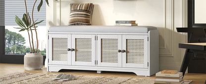 TREXM Rustic Storage Bench Multifunctional Wood Entryway Shoe Bench with Removable Cushion, Woven Rattan Doors & Adjustable Shelves for Hallway, Living Room (White+Beige ) - 1st Choice Furniture Direct