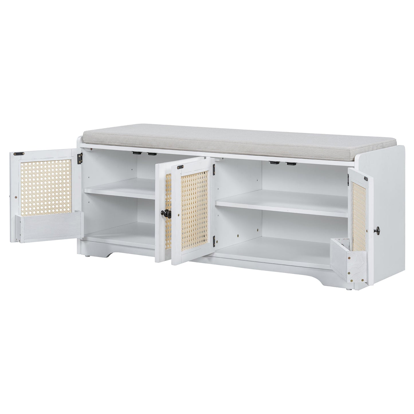 TREXM Rustic Storage Bench Multifunctional Wood Entryway Shoe Bench with Removable Cushion, Woven Rattan Doors & Adjustable Shelves for Hallway, Living Room (White+Beige ) - 1st Choice Furniture Direct