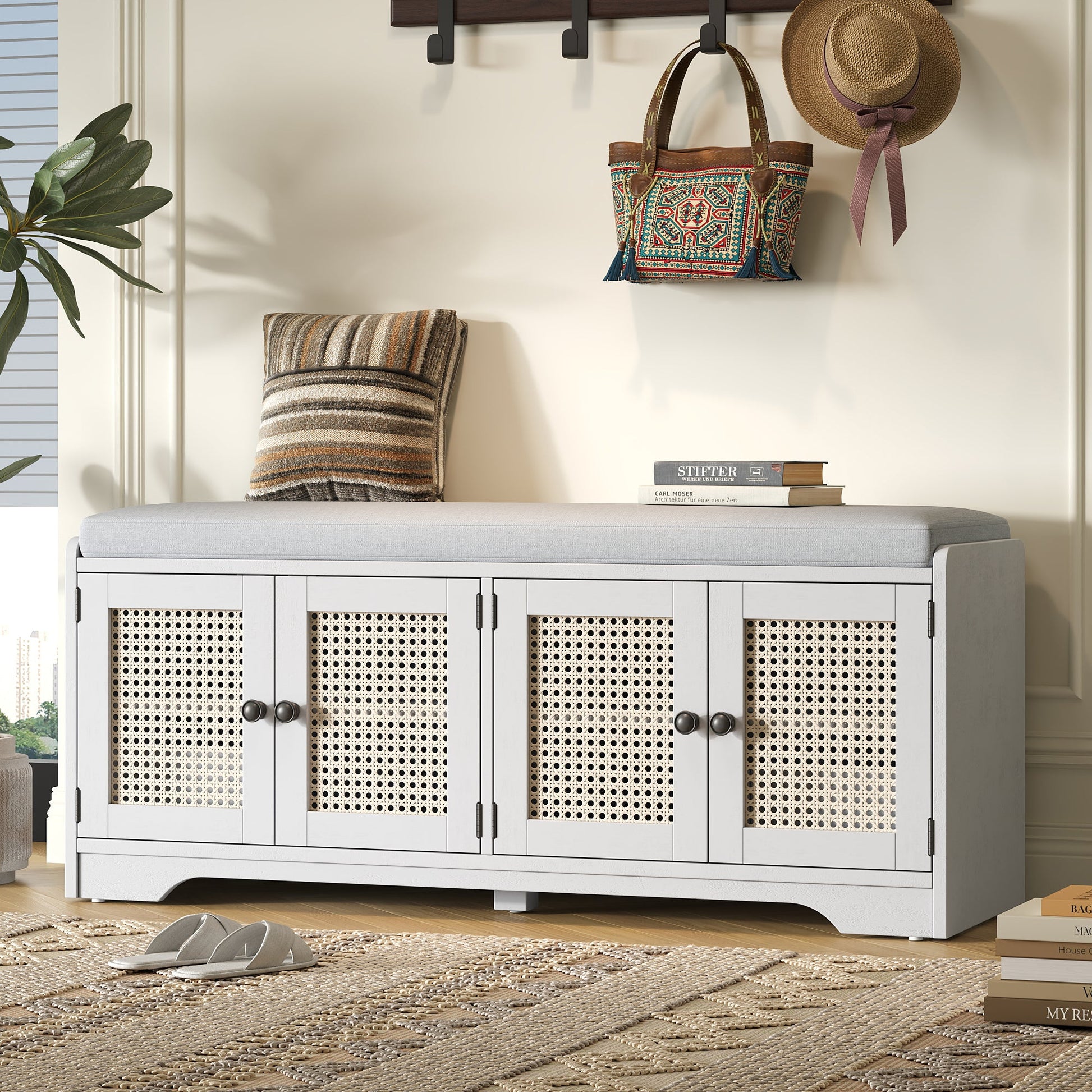 TREXM Rustic Storage Bench Multifunctional Wood Entryway Shoe Bench with Removable Cushion, Woven Rattan Doors & Adjustable Shelves for Hallway, Living Room (White+Beige ) - 1st Choice Furniture Direct