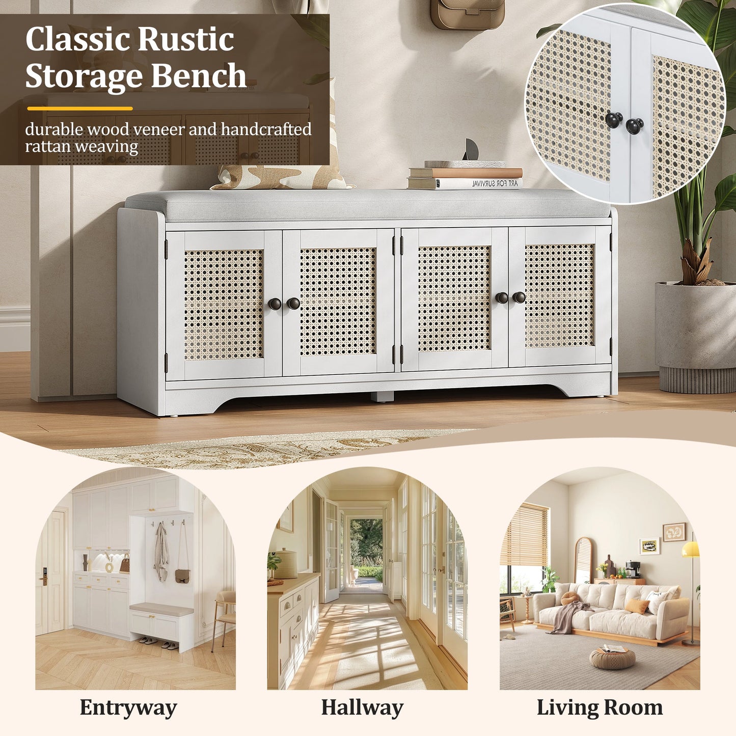 TREXM Rustic Storage Bench Multifunctional Wood Entryway Shoe Bench with Removable Cushion, Woven Rattan Doors & Adjustable Shelves for Hallway, Living Room (White+Beige ) - 1st Choice Furniture Direct