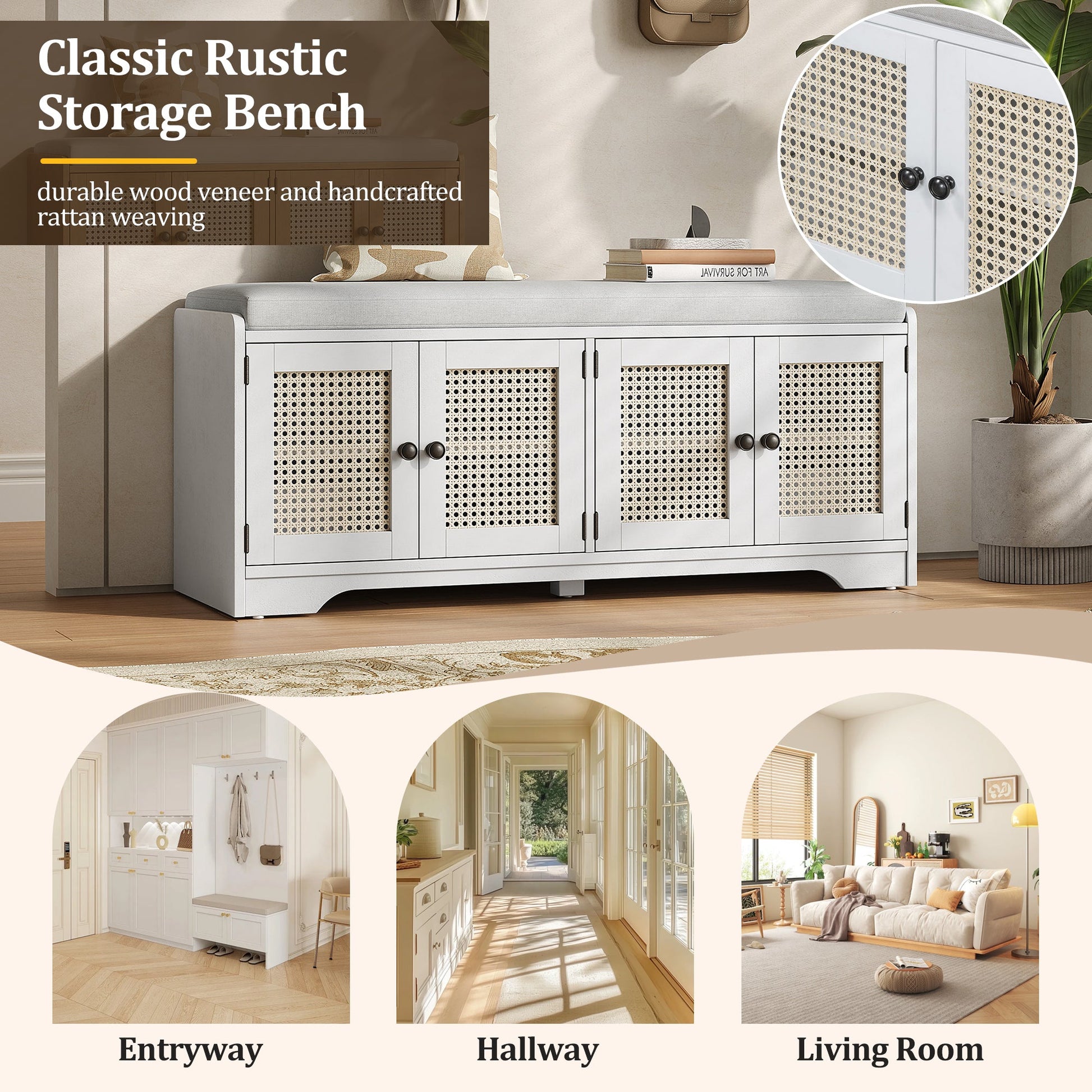 TREXM Rustic Storage Bench Multifunctional Wood Entryway Shoe Bench with Removable Cushion, Woven Rattan Doors & Adjustable Shelves for Hallway, Living Room (White+Beige ) - 1st Choice Furniture Direct