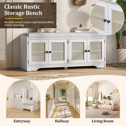 TREXM Rustic Storage Bench Multifunctional Wood Entryway Shoe Bench with Removable Cushion, Woven Rattan Doors & Adjustable Shelves for Hallway, Living Room (White+Beige ) - 1st Choice Furniture Direct