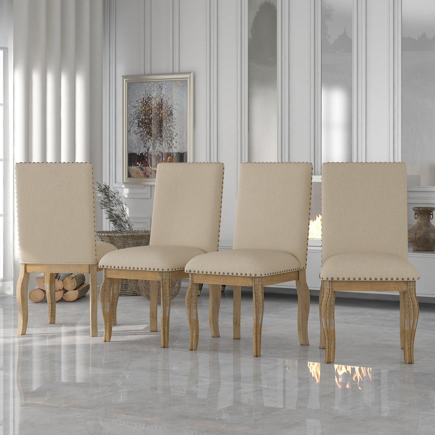 TREXM Set of 4 Dining chairs Wood Upholstered Fabirc Dining Room Chairs with Nailhead (Natural Wood Wash) - 1st Choice Furniture Direct