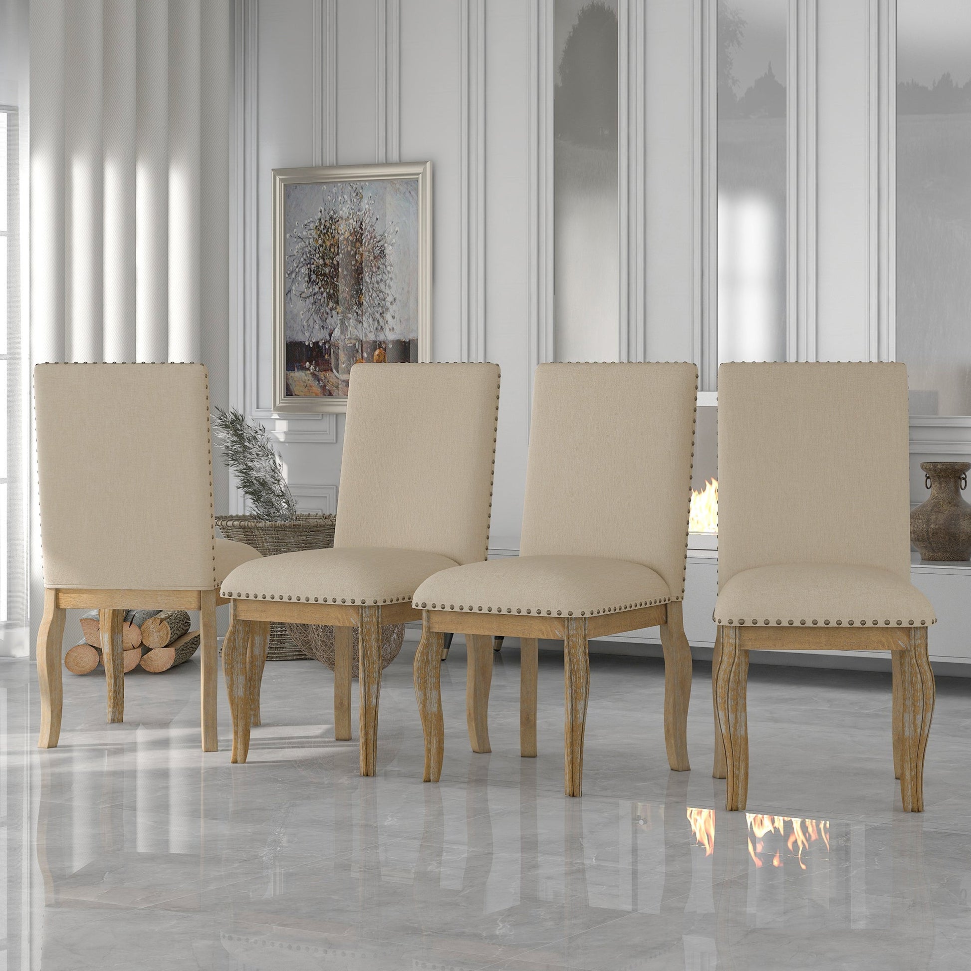 TREXM Set of 4 Dining chairs Wood Upholstered Fabirc Dining Room Chairs with Nailhead (Natural Wood Wash) - 1st Choice Furniture Direct