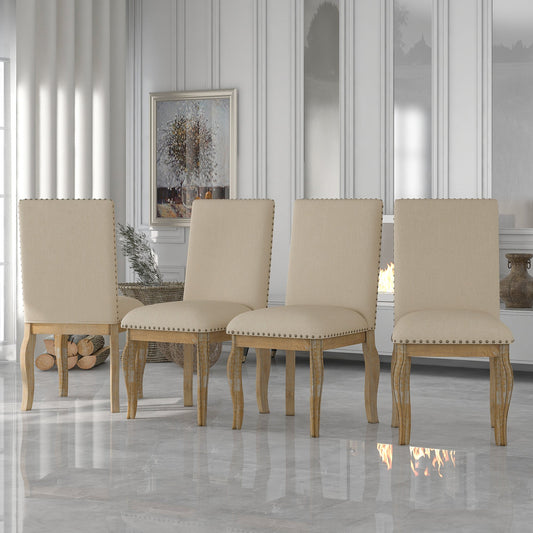 TREXM Set of 4 Dining chairs Wood Upholstered Fabirc Dining Room Chairs with Nailhead (Natural Wood Wash) - 1st Choice Furniture Direct