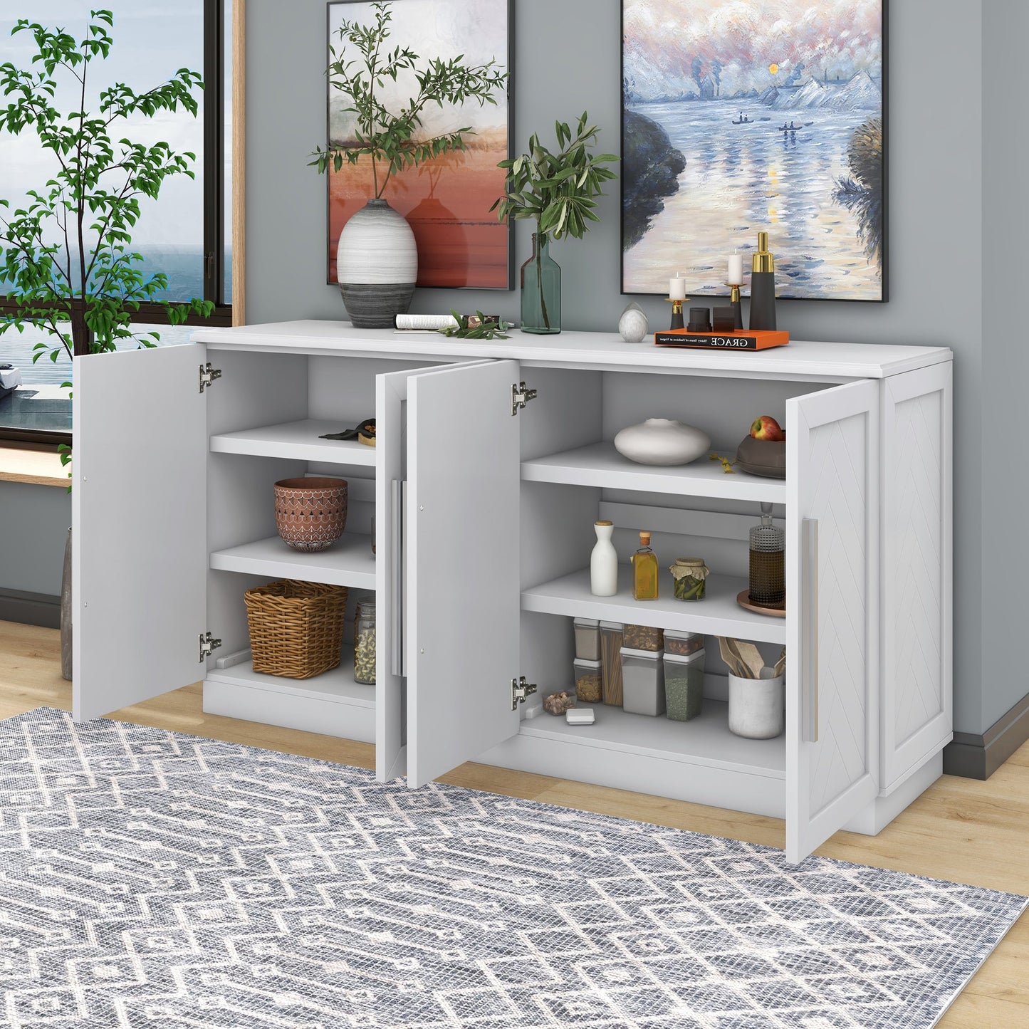 TREXM Sideboard Buffet Cabinet with Storage, Buffet Cabinet with Adjustable Shelves and Silver Handles Sideboard Cabinet for Kitchen, Dining Room, Living Room, White - 1st Choice Furniture Direct