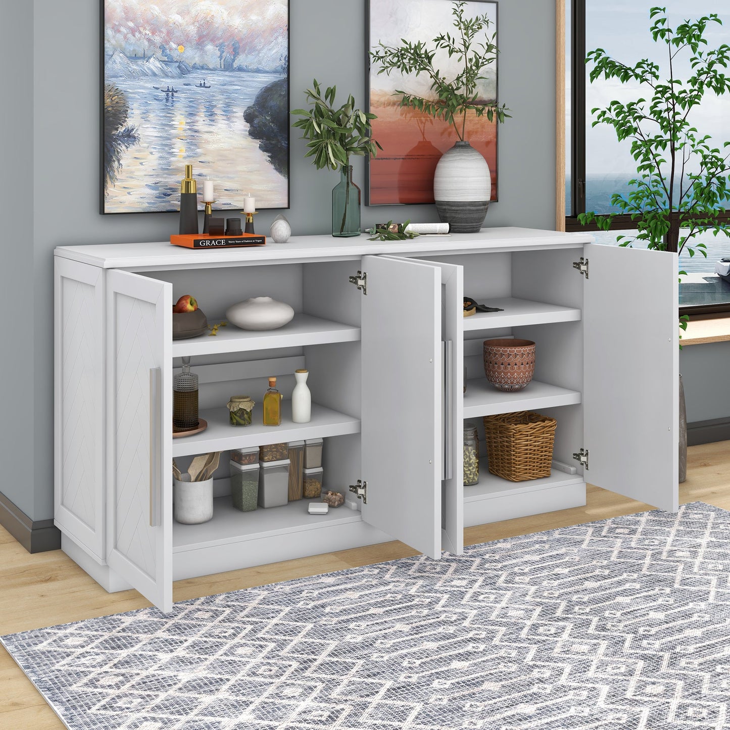 TREXM Sideboard Buffet Cabinet with Storage, Buffet Cabinet with Adjustable Shelves and Silver Handles Sideboard Cabinet for Kitchen, Dining Room, Living Room, White - 1st Choice Furniture Direct