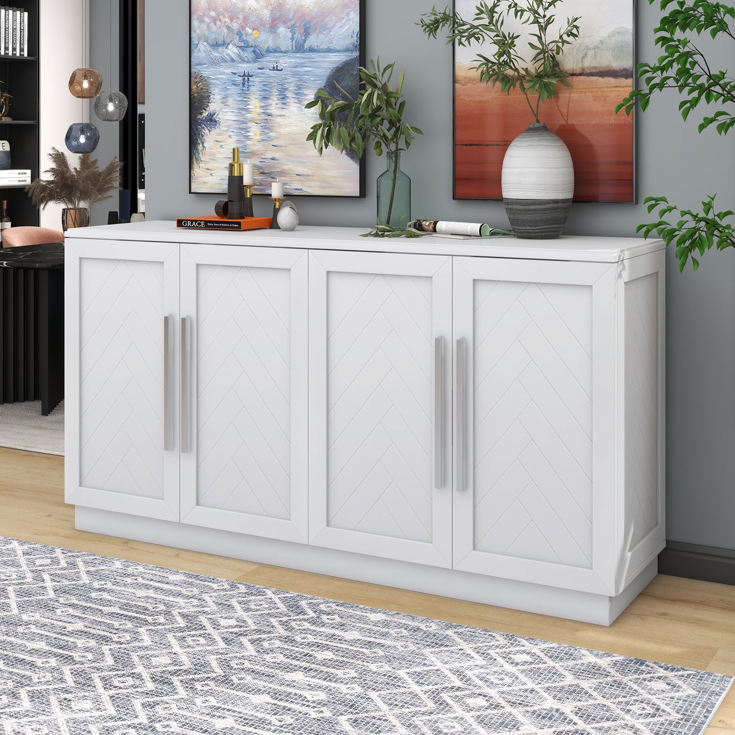 TREXM Sideboard Buffet Cabinet with Storage, Buffet Cabinet with Adjustable Shelves and Silver Handles Sideboard Cabinet for Kitchen, Dining Room, Living Room, White - 1st Choice Furniture Direct